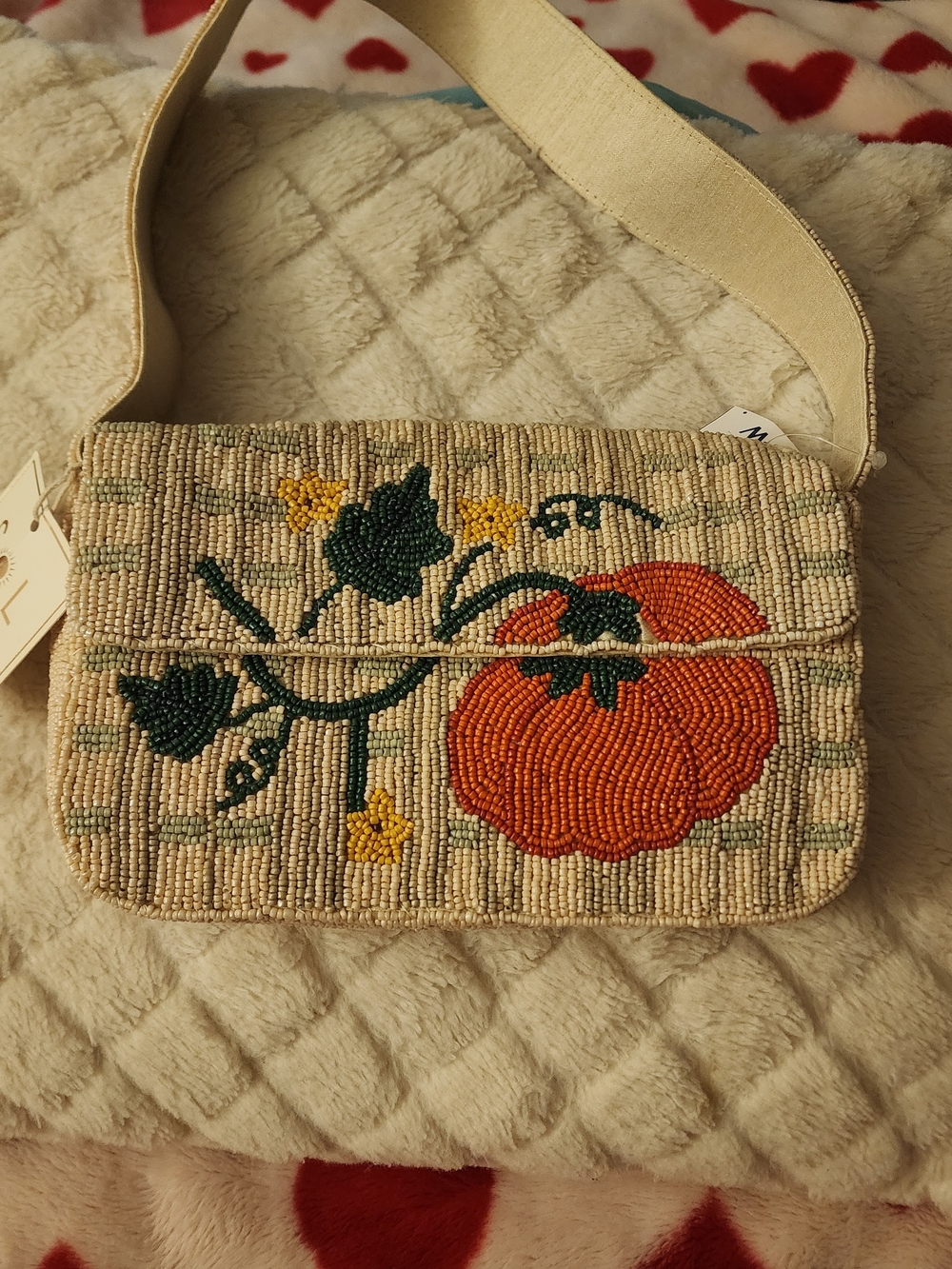 Beaded Pumpkin Motif Shoulder Bag - Cream/Orange